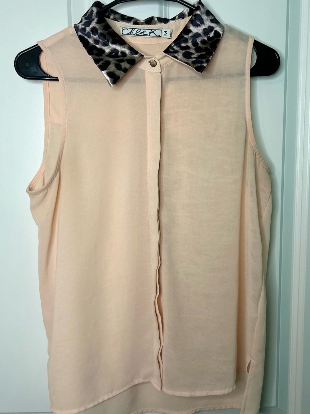 Chloe K Apricot/peach Sleeveless Blouse with Leopard Print Collar sheer, buttons
